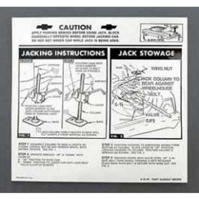 Full Size Chevy Jack Stowage & Jacking Instructions Sheet, Convertible, 1962