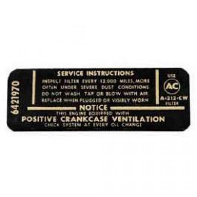Full Size Chevy Air Cleaner Service Instructions Decal, 396ci/375hp, 1965