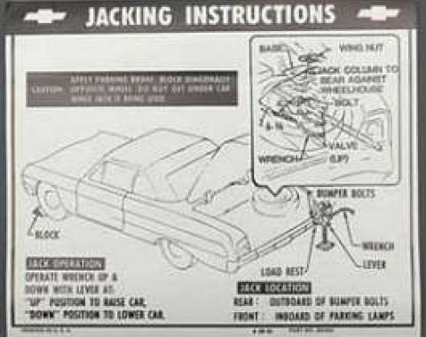 Full Size Chevy Jack Stowage & Jacking Instructions Sheet, Convertible, 1964