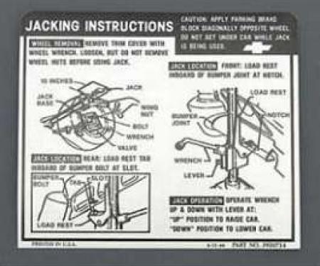 Full Size Chevy Jack Stowage & Jacking Instructions Sheet, Hardtop & Sedan, 1968