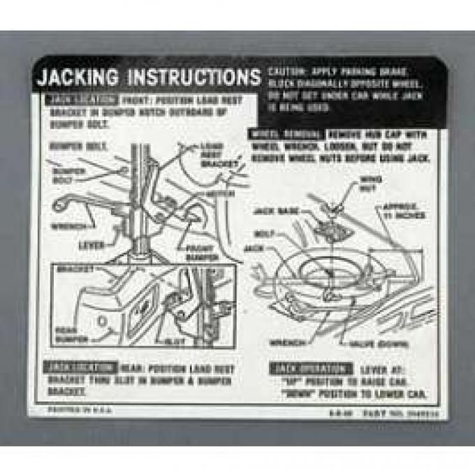 Full Size Chevy Jack Stowage & Jacking Instructions Sheet, Convertible, 1969