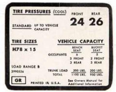 Full Size Chevy Tire Pressure Decal, H78 x 15, 1971-1972