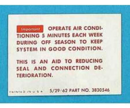 Full Size Chevy Conditioning Maintenance Instructions Decal, 1963