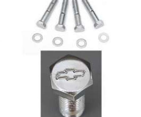 Full Size Chevy Bowtie Water Pump Bolt Set, With Long Water Pump, Chrome, Small Block, 1958-1972