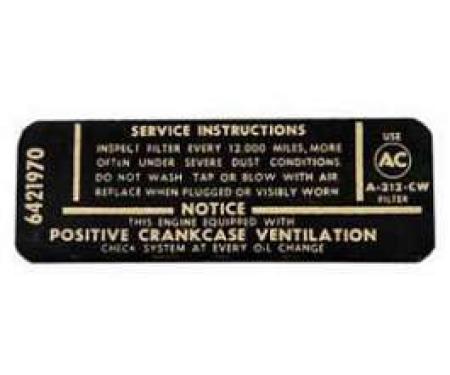 Full Size Chevy Air Cleaner Service Instructions Decal, 396ci/375hp, 1965