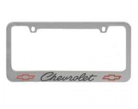 Full Size Chevy License Plate Frame, Chrome, With Engraved Chevrolet Script & Bowtie Logo