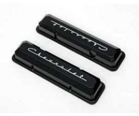 Full Size Chevy Valve Covers, Chevrolet Script, Small Block, Black Powder Coated, 1958-1972