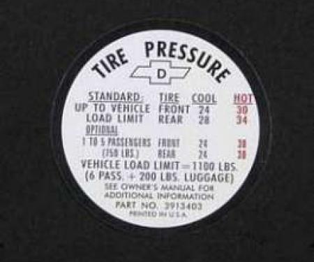 Full Size Chevy Tire Pressure Decal, 1967