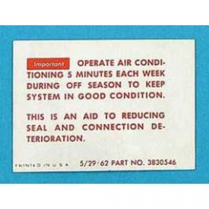 Full Size Chevy Conditioning Maintenance Instructions Decal, 1963