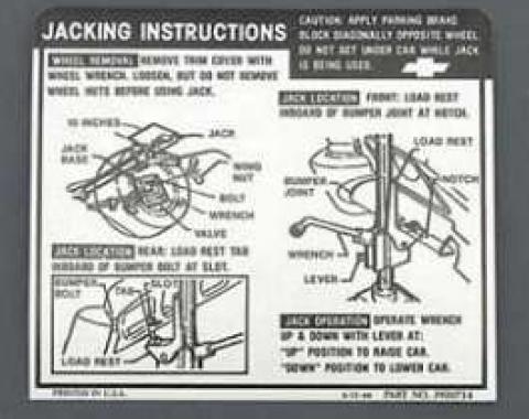 Full Size Chevy Jack Stowage & Jacking Instructions Sheet, Hardtop & Sedan, 1968