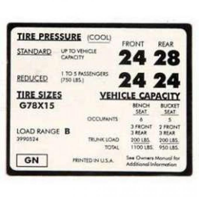 Full Size Chevy Tire Pressure Decal, G78 x 15, 1971-1972