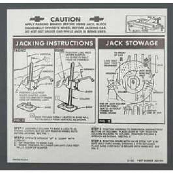 Full Size Chevy Jack Stowage & Jacking Instructions Sheet, Hardtop & Sedan, 1963