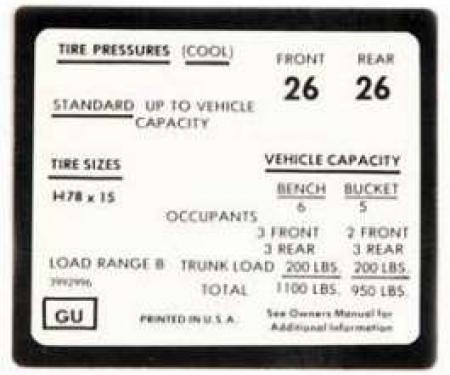 Full Size Chevy Tire Pressure Decal, 1972