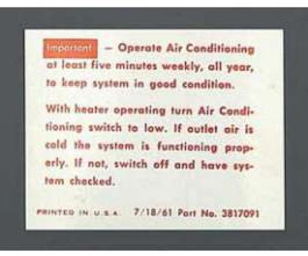 Full Size Chevy Air Conditioning Maintenance Instructions Decal, 1962