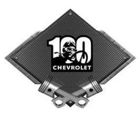 Chevrolet 100 Years Driver Metal Sign, Black Carbon Fiber, Crossed Pistons, 25 X 19