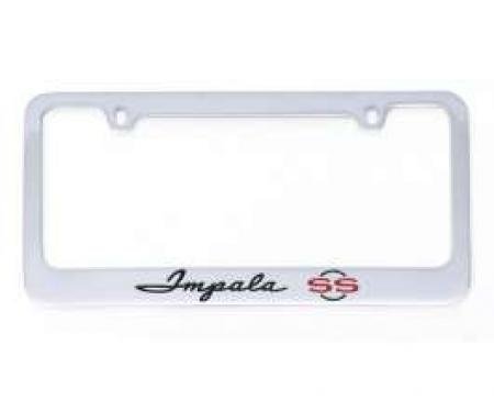 Full Size Chevy License Plate Frame, Chrome, With Engraved Impala Script & SS Logo, 1961-1962