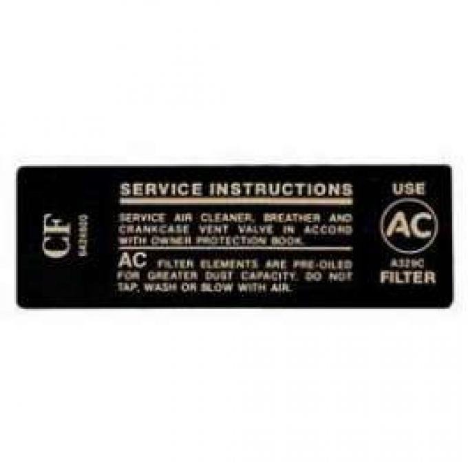 Full Size Chevy Air Cleaner Service Instructions Decal, 396ci/325hp, 1968
