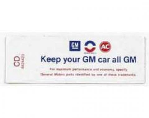 Full Size Chevy Air Cleaner Decal, Keep Your GM Car All GM, With Automatic Transmission, 250ci, 1968