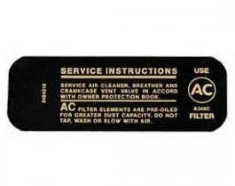 Full Size Chevy Air Cleaner Service Instructions Decal, 307ci/200hp, 1968