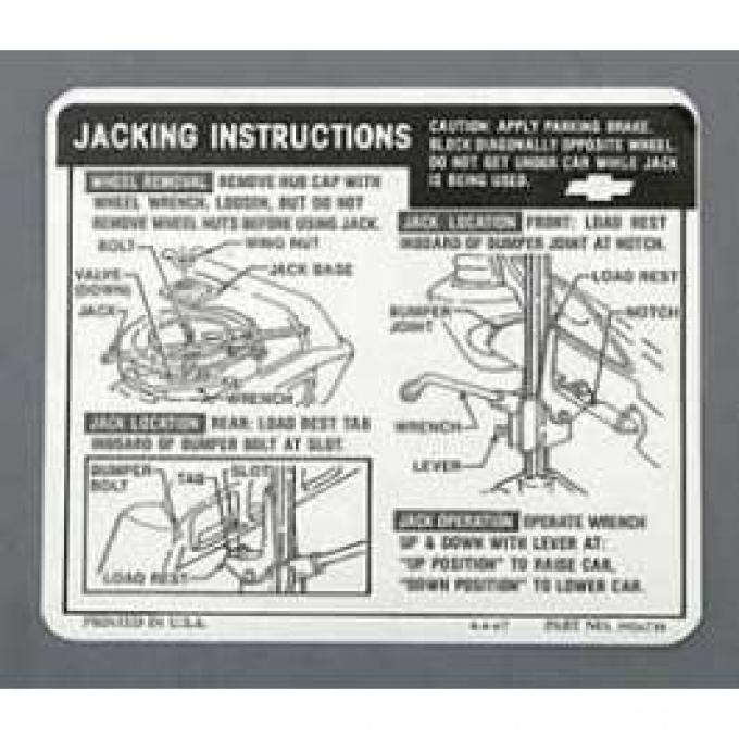 Full Size Chevy Jack Stowage & Jacking Instructions Sheet, Convertible, 1968