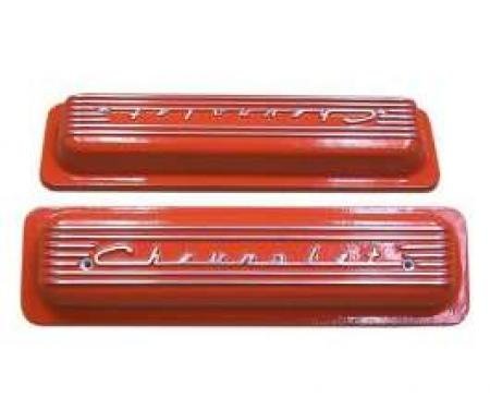 Full Size Chevy Valve Covers, Classic-Style, Aluminum, Orange, 1958-1972