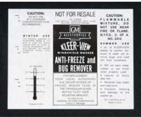 Full Size Chevy Windshield Washer Filler Jar Label, Kleer-View, 1961-1967