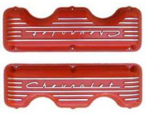 Full Size Chevy Valve Covers, 348ci & 409ci, Orange Powder Coated, 1958-1965