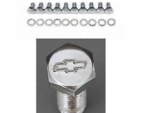 Full Size Chevy Bowtie Timing Chain Cover Bolt Set, Small Block, Chrome, 1958-1972