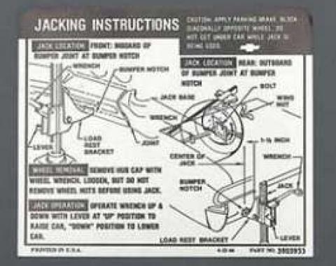 Full Size Chevy Jack Stowage & Jacking Instructions Sheet, Hardtop & Sedan, 1967