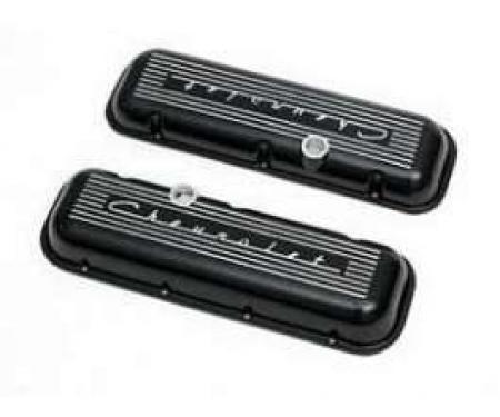Full Size Chevy Valve Covers, Black Powder Coated Aluminum, With Chevrolet Scripts, Big Block, 1965-1972