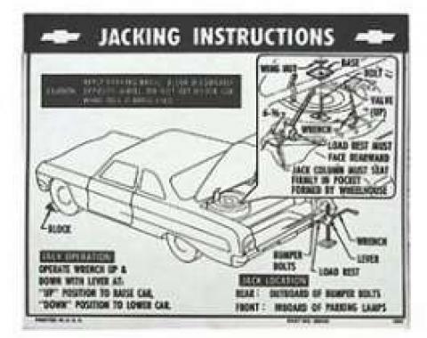 Full Size Chevy Jack Stowage & Jacking Instructions Sheet, Hardtop & Sedan, 1964