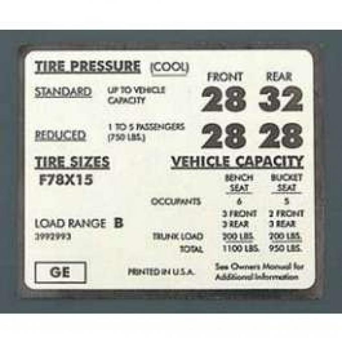 Full Size Chevy Tire Pressure Decal, F78 x 15, 1971-1972