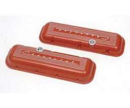 Full Size Chevy Valve Covers, Chevrolet Script, Big Block, Orange Powder Coated Aluminum, 1958-1972