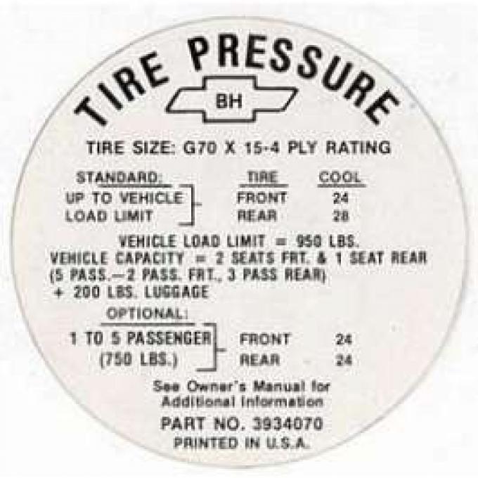 Full Size Chevy Tire Pressure Decal, G70 x 15, 427ci SS, 1968