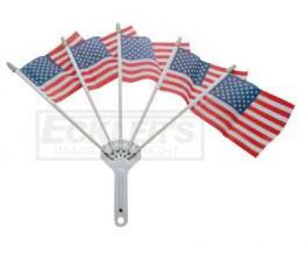 Full Size Chevy Chrome Flag Holder, With Five American Flags, 1958-1984