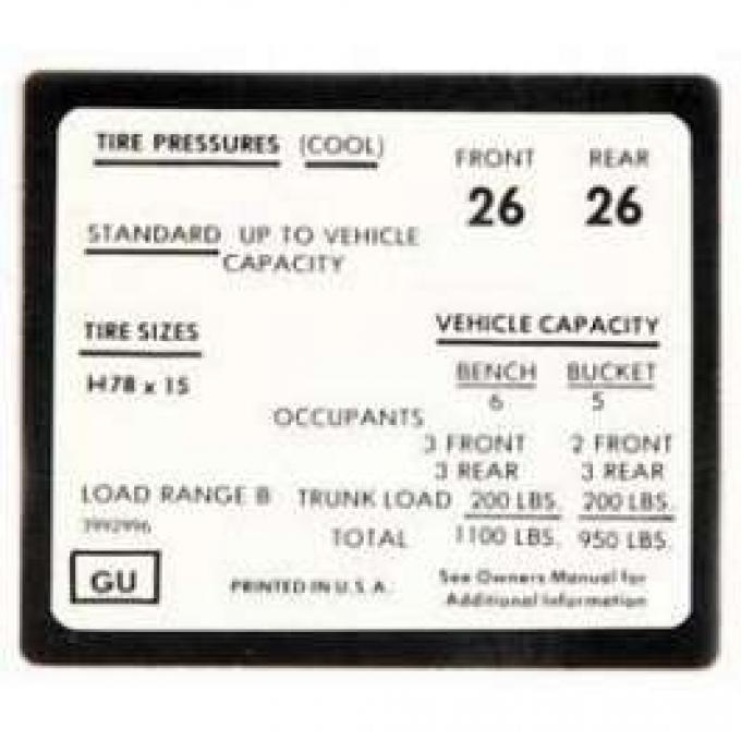 Full Size Chevy Tire Pressure Decal, 1972