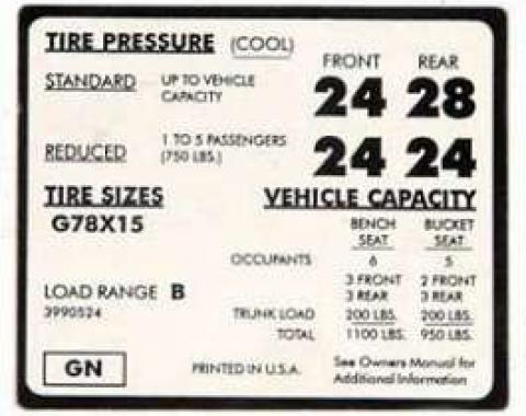 Full Size Chevy Tire Pressure Decal, G78 x 15, 1971-1972
