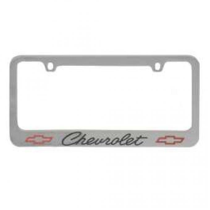 Full Size Chevy License Plate Frame, Chrome, With Engraved Chevrolet Script & Bowtie Logo