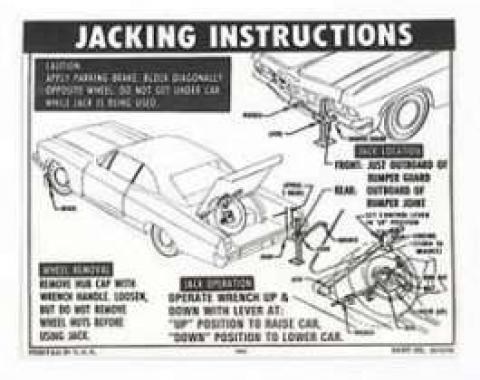 Full Size Chevy Jack Stowage & Jacking Instructions Sheet, Hardtop & Sedan, 1965
