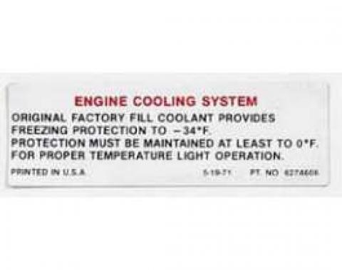 Full Size Chevy Engine Cooling System Warning Decal, 1971-1972