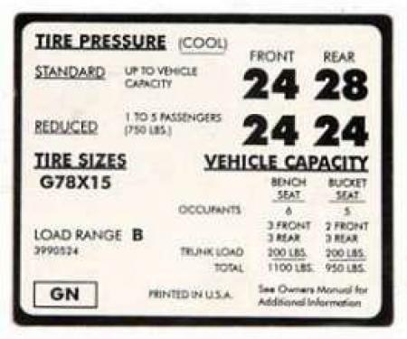 Full Size Chevy Tire Pressure Decal, G78 x 15, 1971-1972