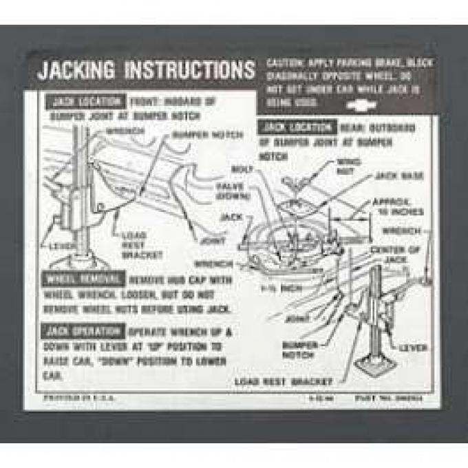Full Size Chevy Jack Stowage & Jacking Instructions Sheet, Convertible, 1967