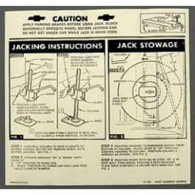 Full Size Chevy Jack Stowage & Jacking Instructions Sheet, Convertible, 1963