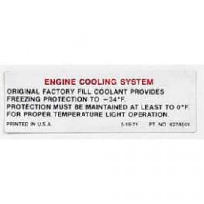 Full Size Chevy Engine Cooling System Warning Decal, 1971-1972