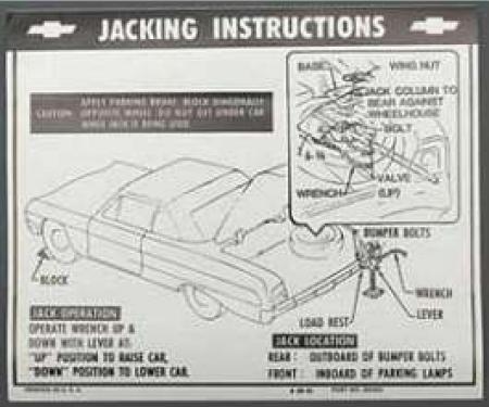 Full Size Chevy Jack Stowage & Jacking Instructions Sheet, Convertible, 1964