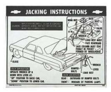 Full Size Chevy Jack Stowage & Jacking Instructions Sheet, Hardtop & Sedan, 1964