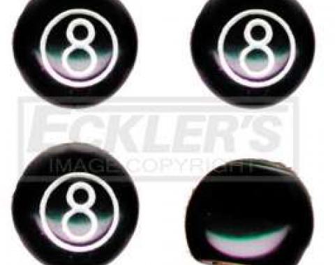 Full Size Chevy Valve Stem Caps, 8 Ball, Black, 1958-1984