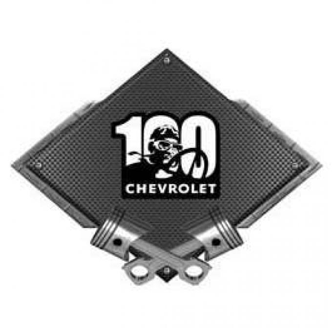 Chevrolet 100 Years Driver Metal Sign, Black Carbon Fiber, Crossed Pistons, 25 X 19