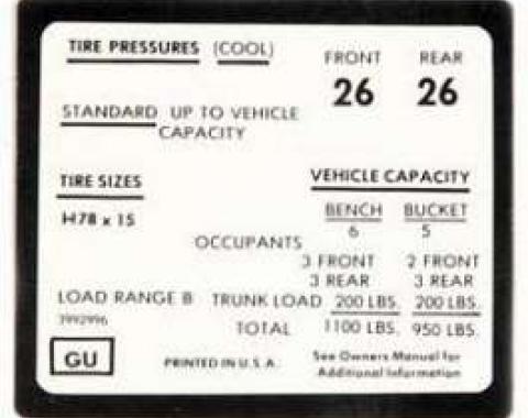 Full Size Chevy Tire Pressure Decal, 1972