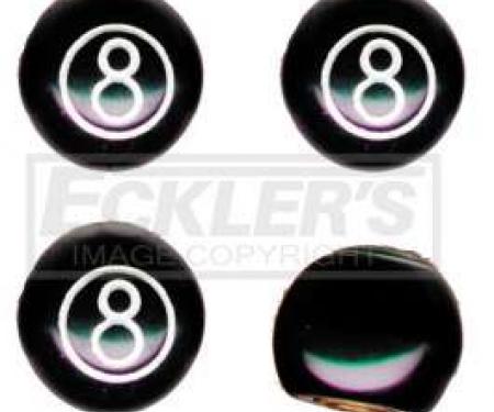 Full Size Chevy Valve Stem Caps, 8 Ball, Black, 1958-1984